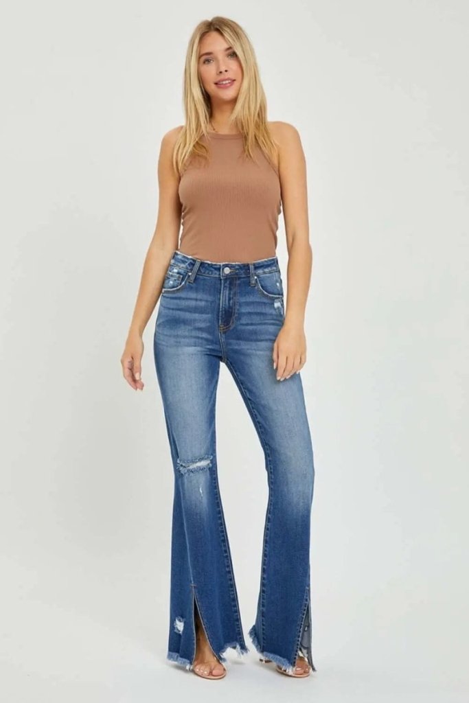 RISEN Full Size High Rise Cargo Flare Jeans - Dark by Trendsi from FREYA’S CLOSET