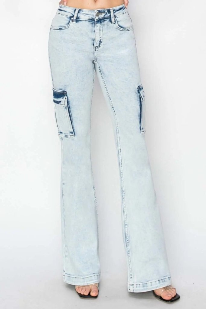 RISEN Full Size High Rise Cargo Flare Jeans - Acid Light by Trendsi from FREYA’S CLOSET