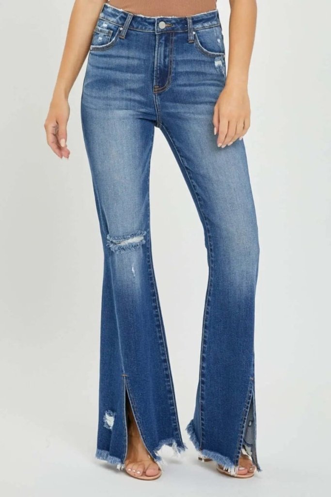 RISEN Full Size High Rise Cargo Flare Jeans - Dark by Trendsi from FREYA’S CLOSET