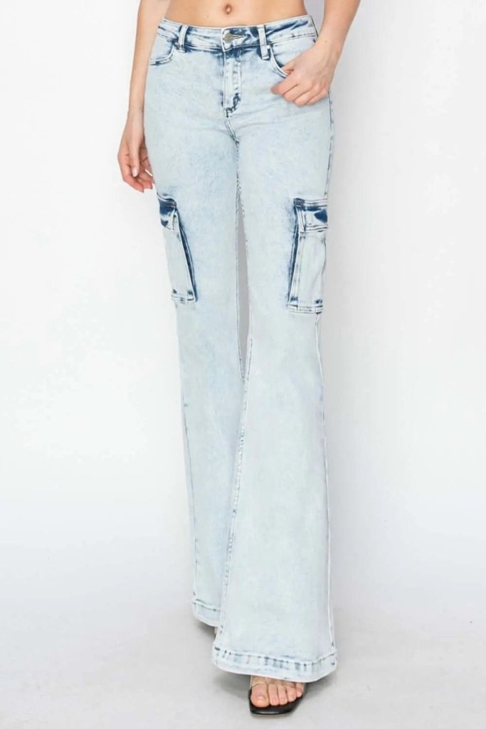RISEN Full Size High Rise Cargo Flare Jeans - Acid Light by Trendsi from FREYA’S CLOSET