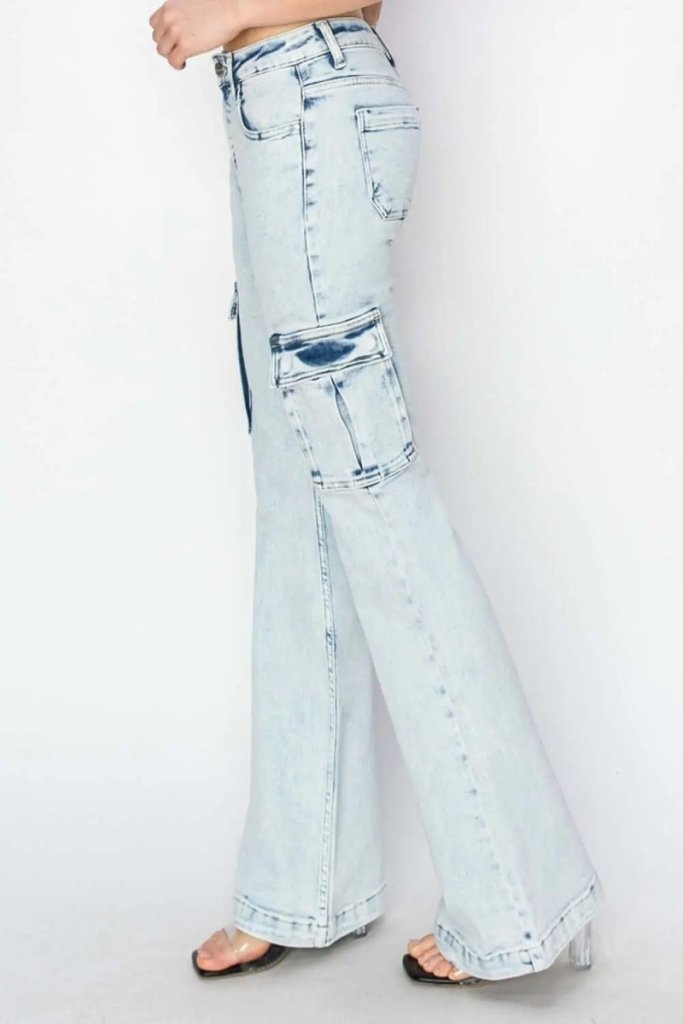 RISEN Full Size High Rise Cargo Flare Jeans - Acid Light by Trendsi from FREYA’S CLOSET