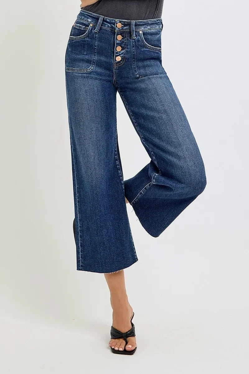 Trendsi Jeans DARK / 0 RISEN Full Size High Rise Crop Wide Button Up Jeans Plus Size