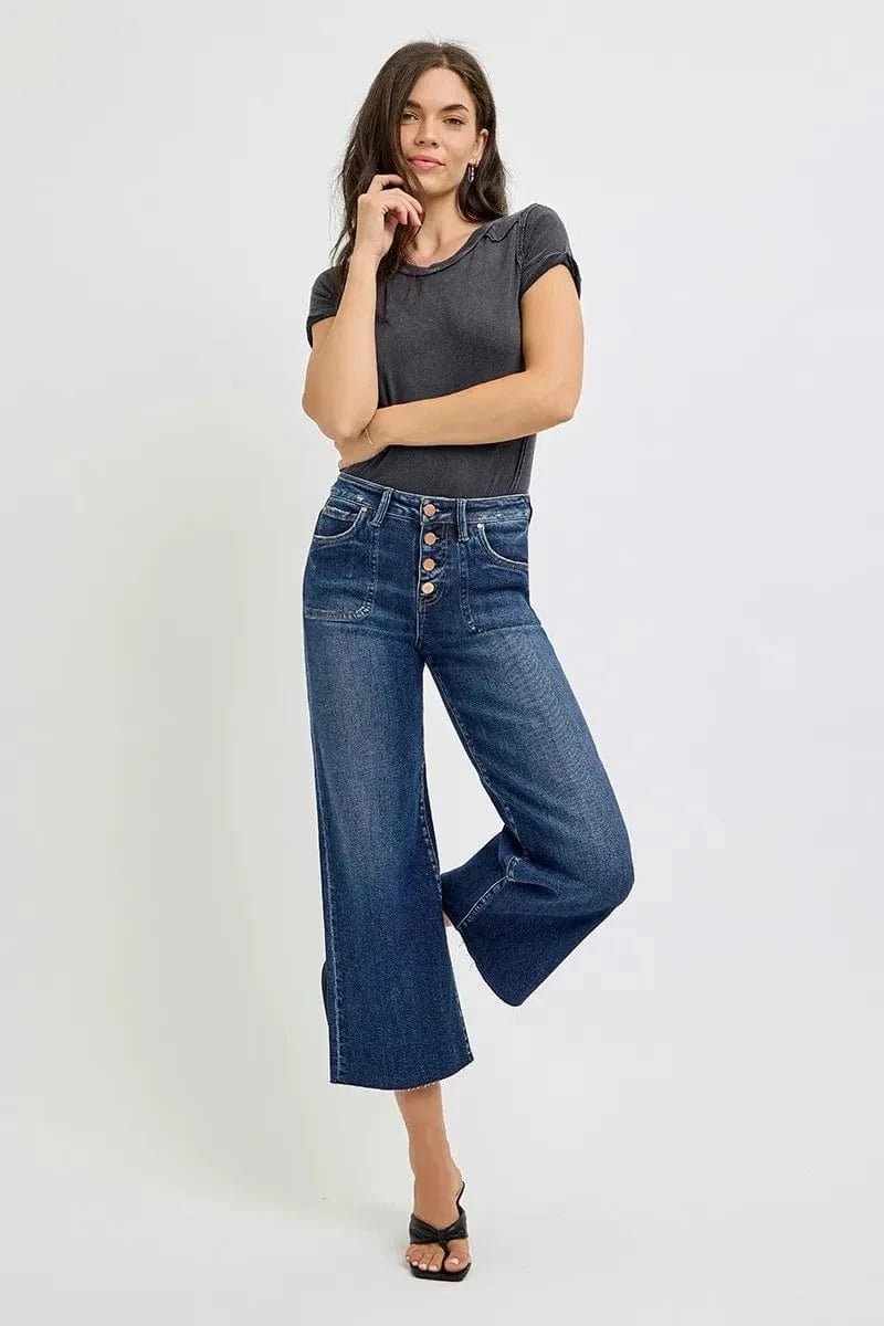 RISEN Full Size High Rise Crop Wide Button Up Jeans Plus Size - DARK by Trendsi from FREYA’S CLOSET