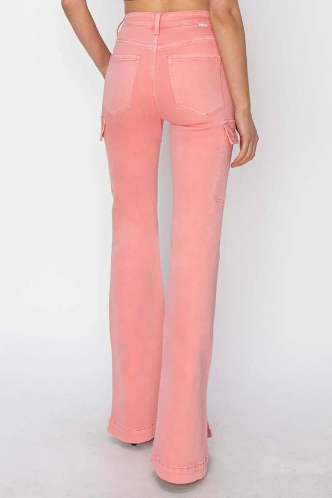 RISEN Full Size High Rise Side Slit Cargo Bootcut Jeans - Flamingo by Trendsi from FREYA’S CLOSET