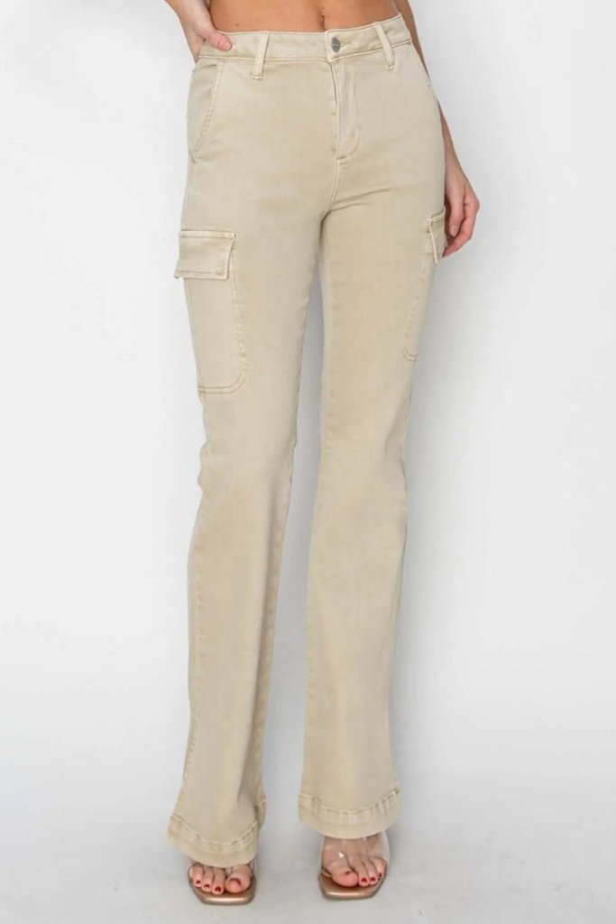 RISEN Full Size High Rise Side Slit Cargo Bootcut Jeans – Stone by Trendsi from FREYA’S CLOSET