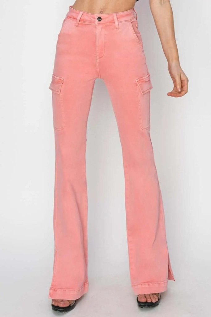 RISEN Full Size High Rise Side Slit Cargo Bootcut Jeans - Flamingo by Trendsi from FREYA’S CLOSET