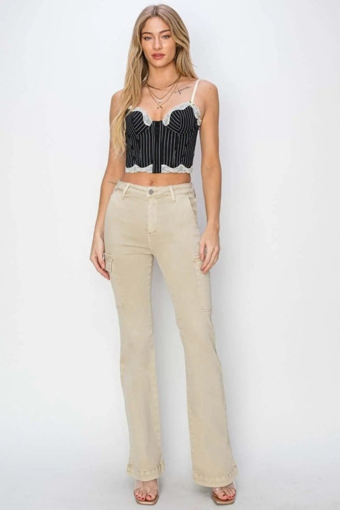 RISEN Full Size High Rise Side Slit Cargo Bootcut Jeans – Stone by Trendsi from FREYA’S CLOSET