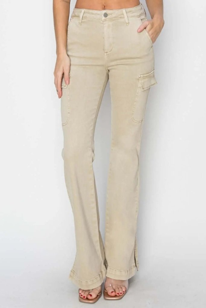 RISEN Full Size High Rise Side Slit Cargo Bootcut Jeans - Stone by Trendsi from FREYA’S CLOSET