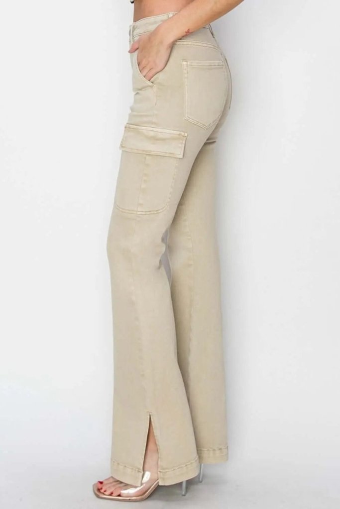 RISEN Full Size High Rise Side Slit Cargo Bootcut Jeans – Stone by Trendsi from FREYA’S CLOSET
