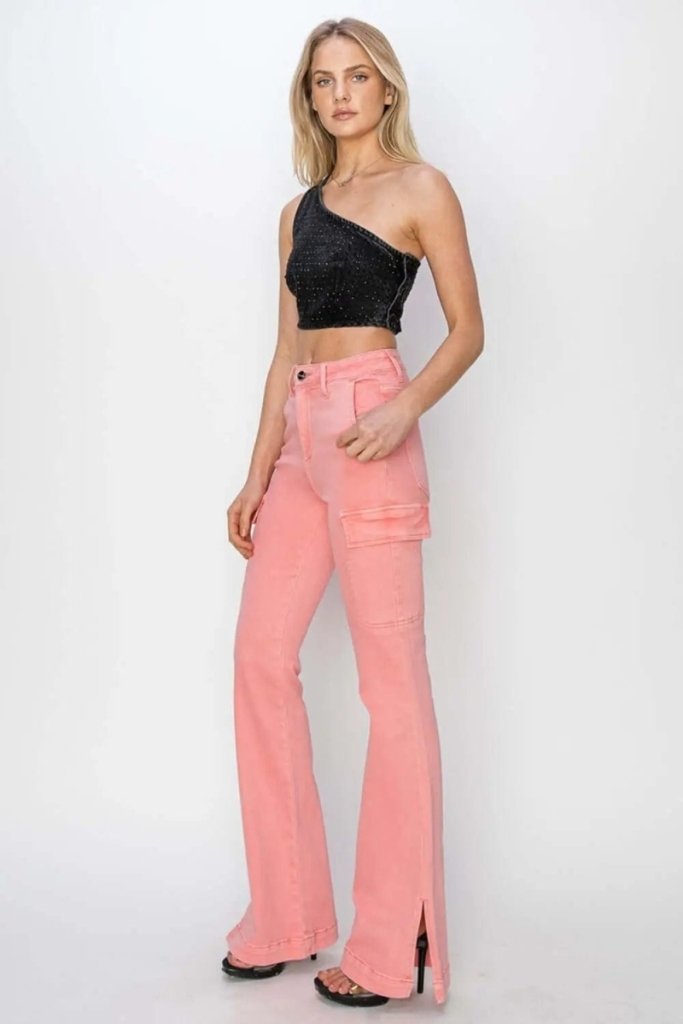 RISEN Full Size High Rise Side Slit Cargo Bootcut Jeans - Flamingo by Trendsi from FREYA’S CLOSET