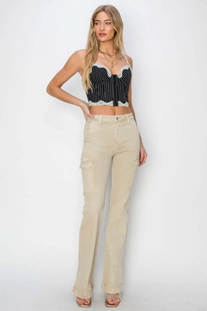 RISEN Full Size High Rise Side Slit Cargo Bootcut Jeans - Stone by Trendsi from FREYA’S CLOSET