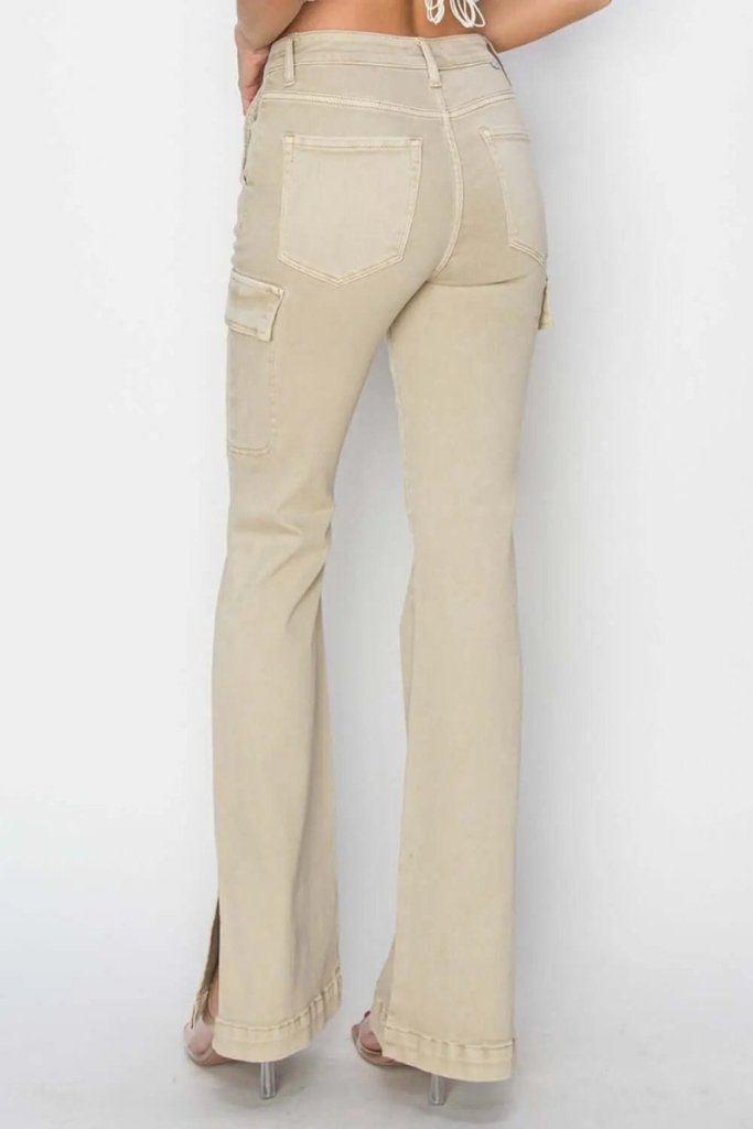 RISEN Full Size High Rise Side Slit Cargo Bootcut Jeans - Stone by Trendsi from FREYA’S CLOSET