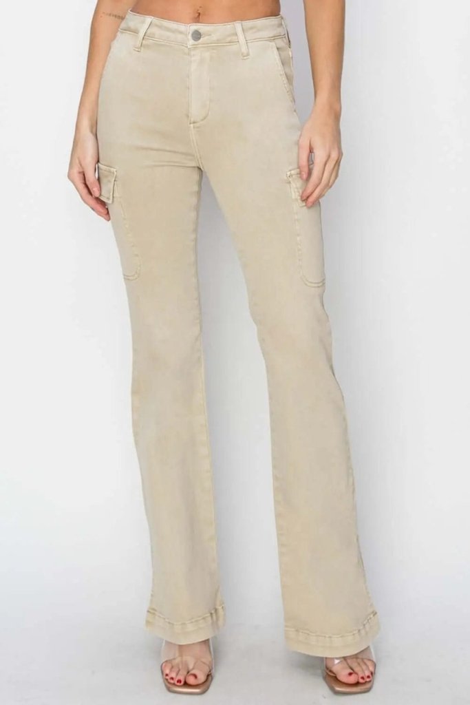 RISEN Full Size High Rise Side Slit Cargo Bootcut Jeans - Stone by Trendsi from FREYA’S CLOSET