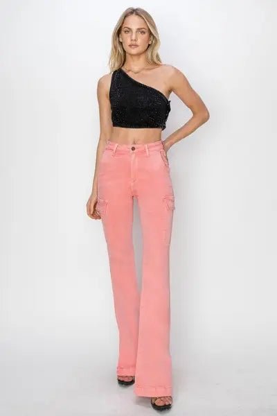RISEN Full Size High Rise Side Slit Cargo Bootcut Jeans - Flamingo by Trendsi from FREYA’S CLOSET
