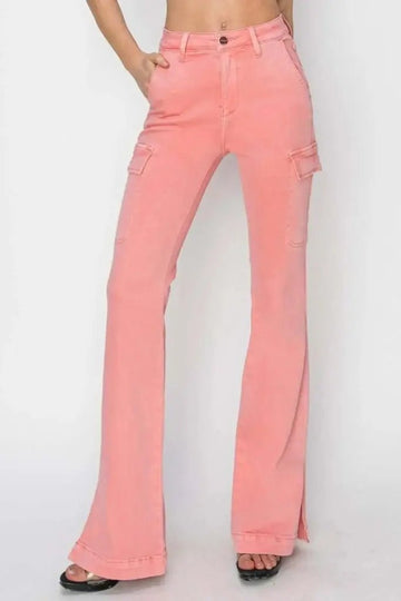 RISEN Full Size High Rise Side Slit Cargo Bootcut Jeans - Flamingo by Trendsi from FREYA’S CLOSET