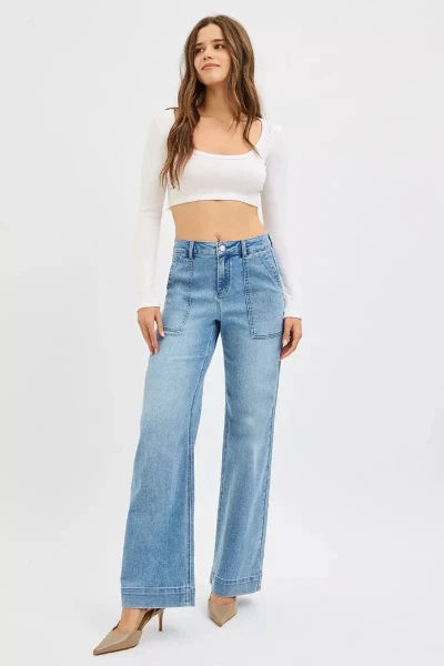 RISEN Full Size High Rise Straight Leg Jeans with Front Pockets Plus Size - MEDIUM by Trendsi from FREYA’S CLOSET