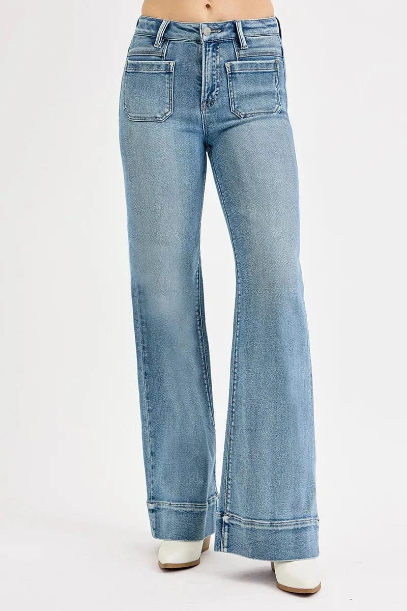 Trendsi RISEN Full Size High Rise Wide Flare Patch Pocket Jeans Plus Size