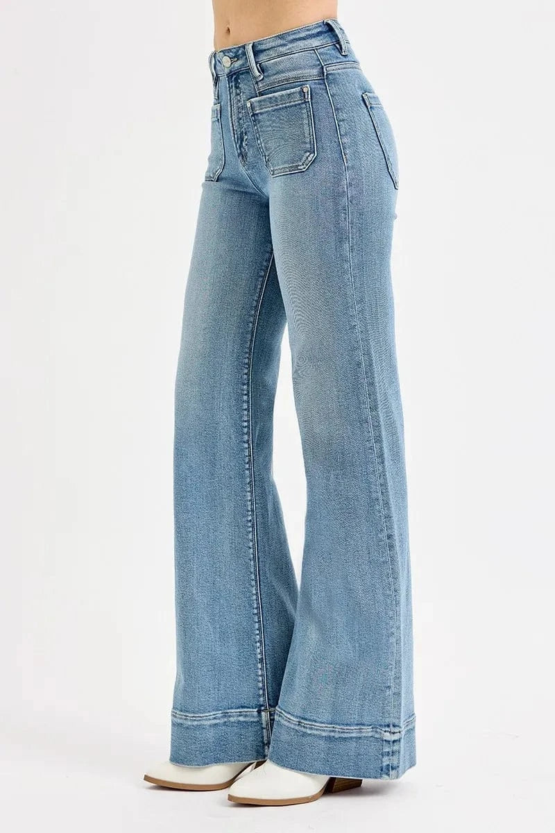 Trendsi RISEN Full Size High Rise Wide Flare Patch Pocket Jeans Plus Size