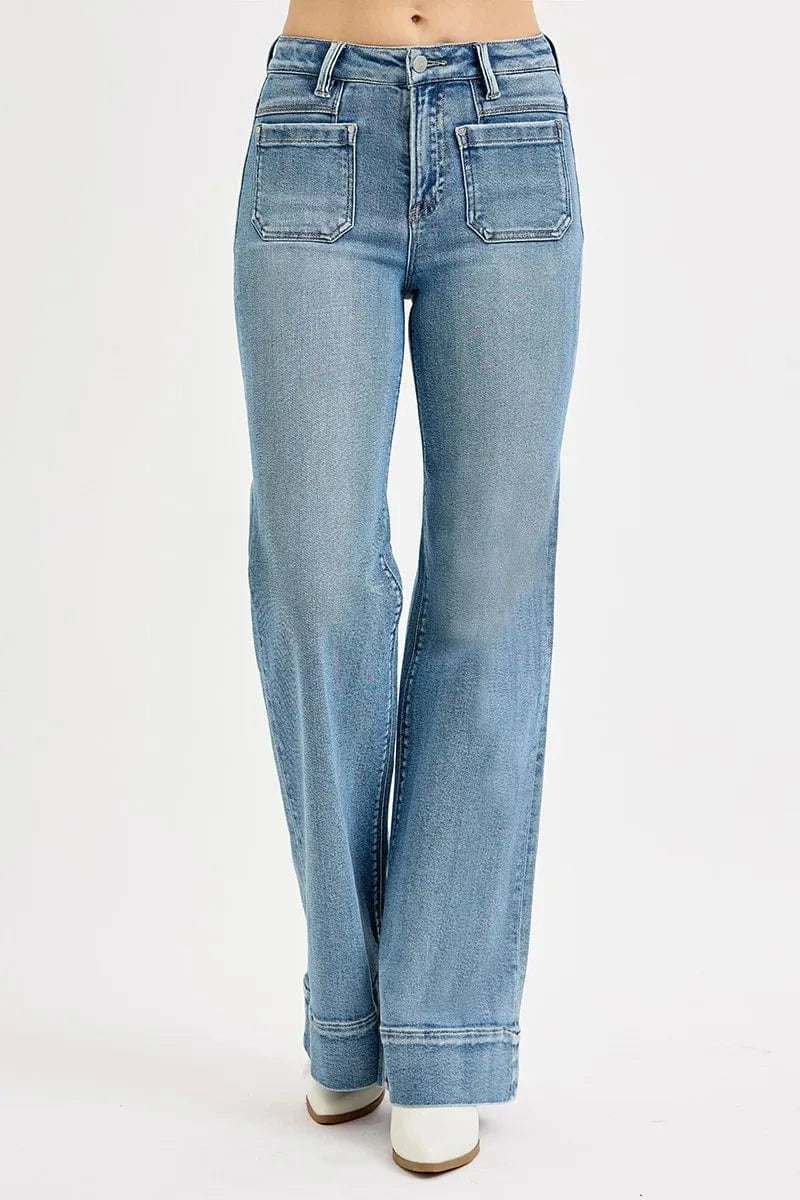 Trendsi RISEN Full Size High Rise Wide Flare Patch Pocket Jeans Plus Size