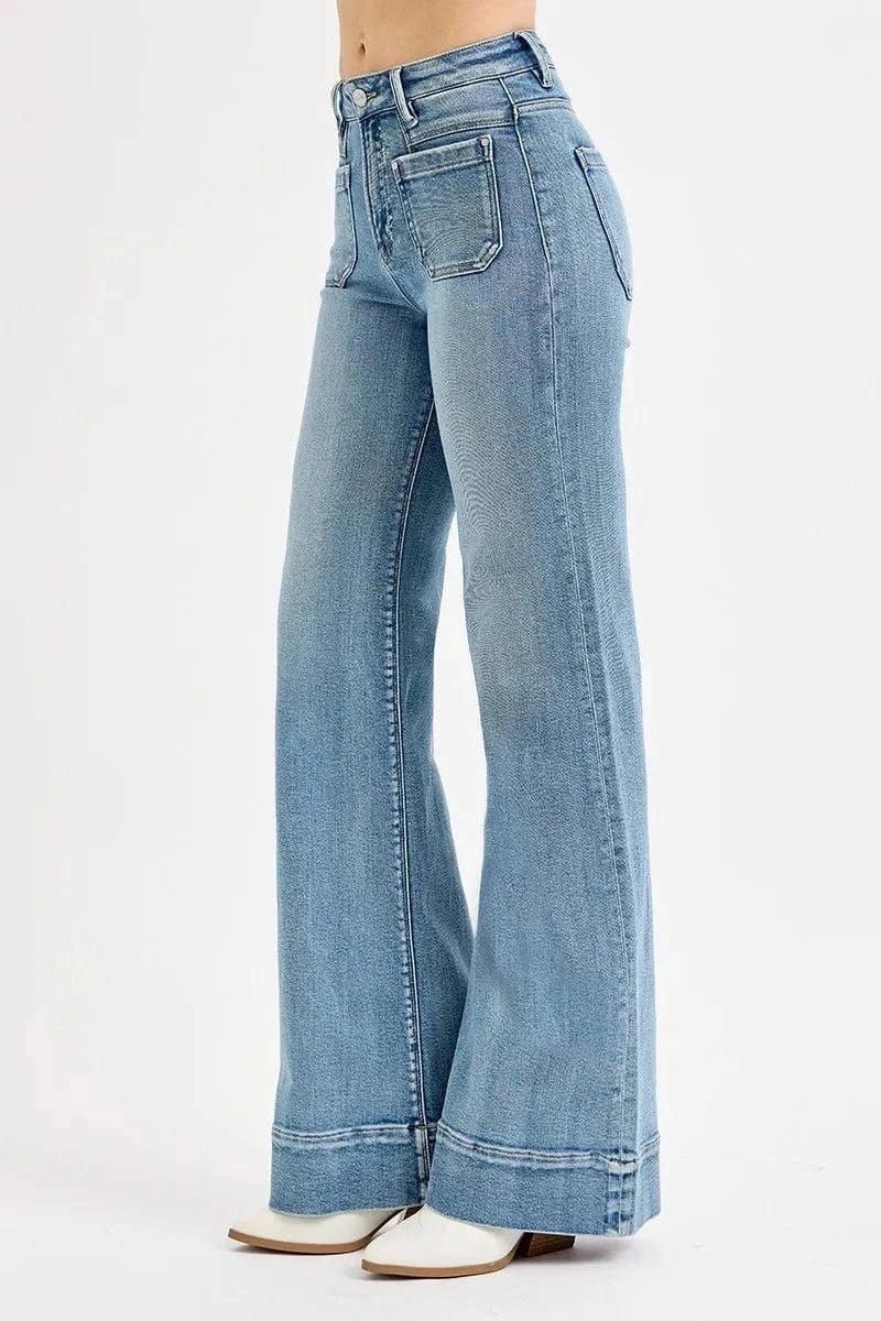 RISEN Full Size High Rise Wide Flare Patch Pocket Jeans Plus Size - MEDIUM by Trendsi from FREYA’S CLOSET