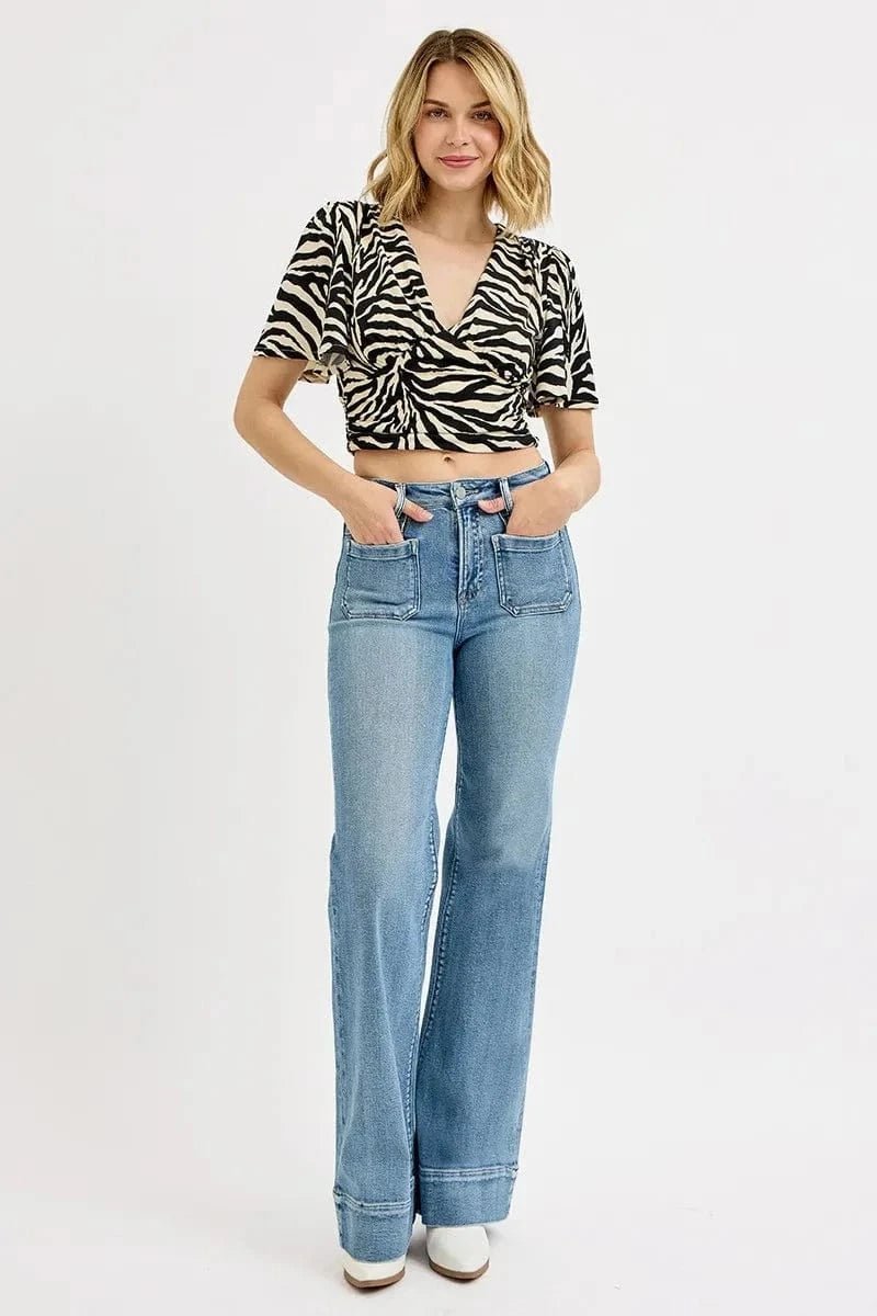 RISEN Full Size High Rise Wide Flare Patch Pocket Jeans Plus Size - MEDIUM by Trendsi from FREYA’S CLOSET
