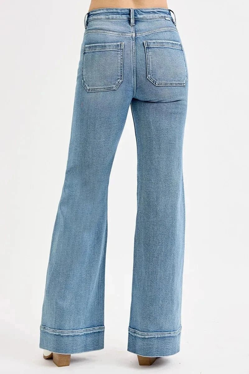 RISEN Full Size High Rise Wide Flare Patch Pocket Jeans Plus Size - MEDIUM by Trendsi from FREYA’S CLOSET