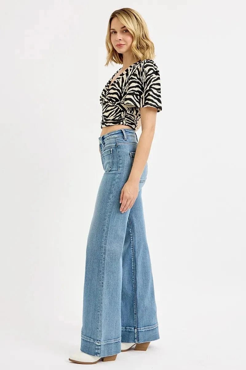 RISEN Full Size High Rise Wide Flare Patch Pocket Jeans Plus Size - MEDIUM by Trendsi from FREYA’S CLOSET