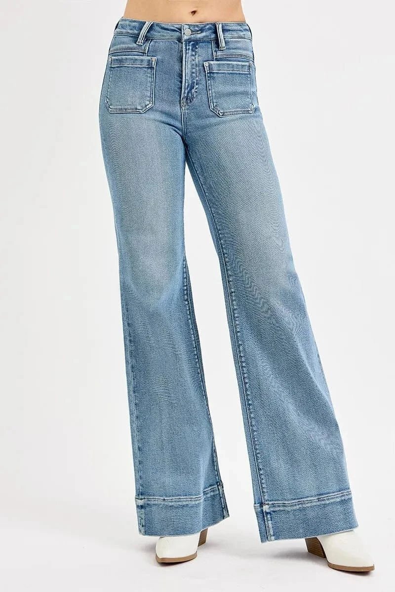 RISEN Full Size High Rise Wide Flare Patch Pocket Jeans Plus Size - MEDIUM by Trendsi from FREYA’S CLOSET