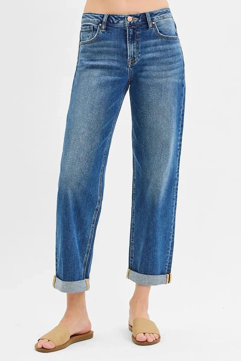 Trendsi Jeans DARK / 0 RISEN Full Size Mid Rise Boyfriend Roll Up Jeans Plus Size