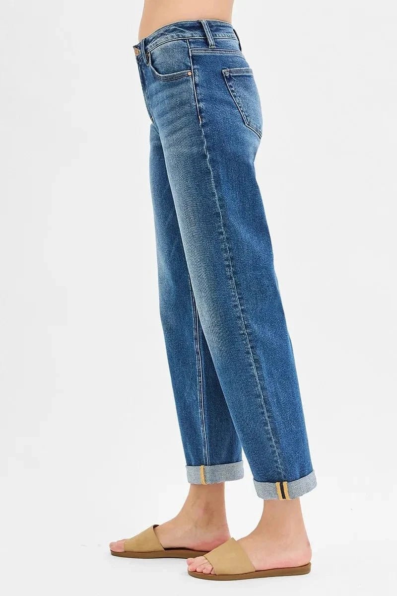 RISEN Full Size Mid Rise Boyfriend Roll Up Jeans Plus Size - DARK by Trendsi from FREYA’S CLOSET