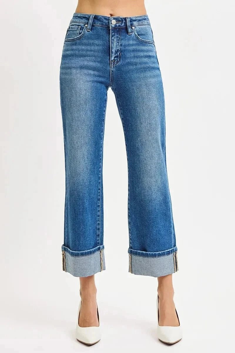 RISEN Full Size Mid Rise Crop Straight Cuffed Jeans Plus Size - MEDIUM by Trendsi from FREYA’S CLOSET