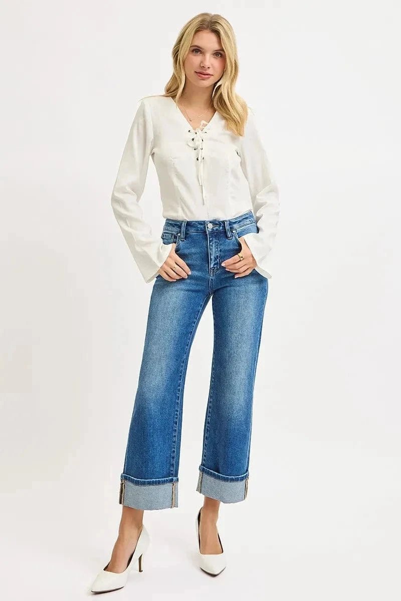 RISEN Full Size Mid Rise Crop Straight Cuffed Jeans Plus Size - MEDIUM by Trendsi from FREYA’S CLOSET