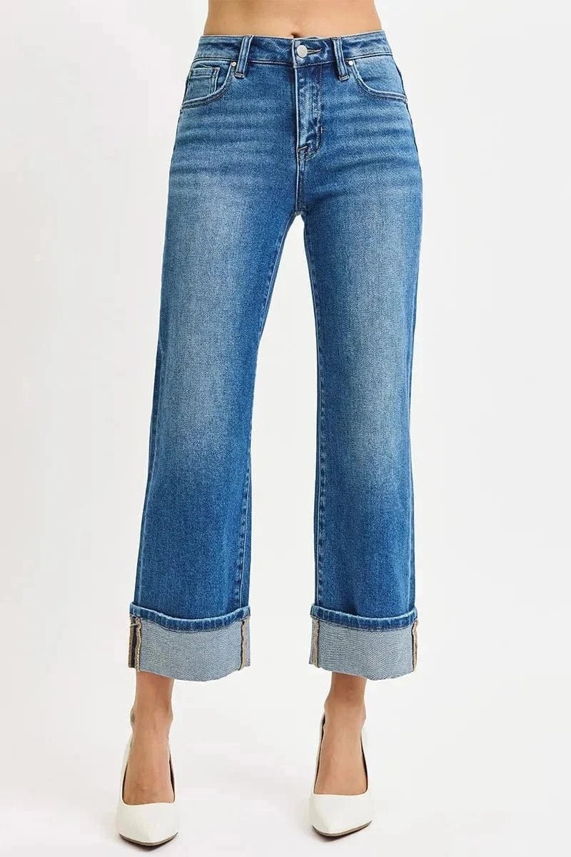 RISEN Full Size Mid Rise Crop Straight Cuffed Jeans Plus Size - MEDIUM by Trendsi from FREYA’S CLOSET