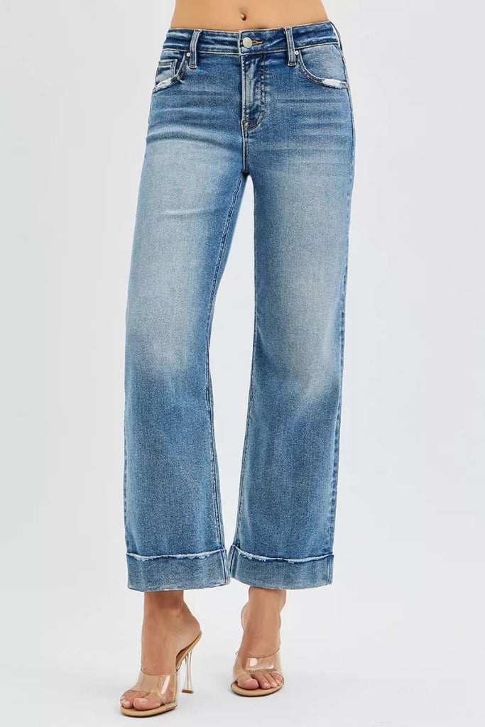 RISEN Full Size Mid Rise Crop Straight Jeans with Taylor Cuffed Plus Size - MEDIUM by Trendsi from FREYA’S CLOSET