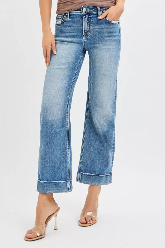 RISEN Full Size Mid Rise Crop Straight Jeans with Taylor Cuffed Plus Size - MEDIUM by Trendsi from FREYA’S CLOSET