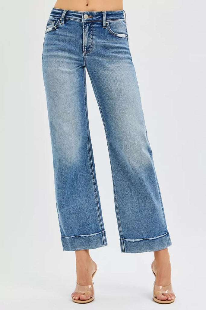 RISEN Full Size Mid Rise Crop Straight Jeans with Taylor Cuffed Plus Size - MEDIUM by Trendsi from FREYA’S CLOSET