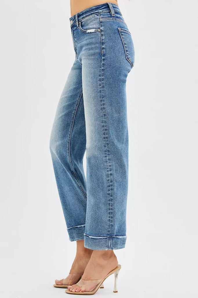 RISEN Full Size Mid Rise Crop Straight Jeans with Taylor Cuffed Plus Size - MEDIUM by Trendsi from FREYA’S CLOSET
