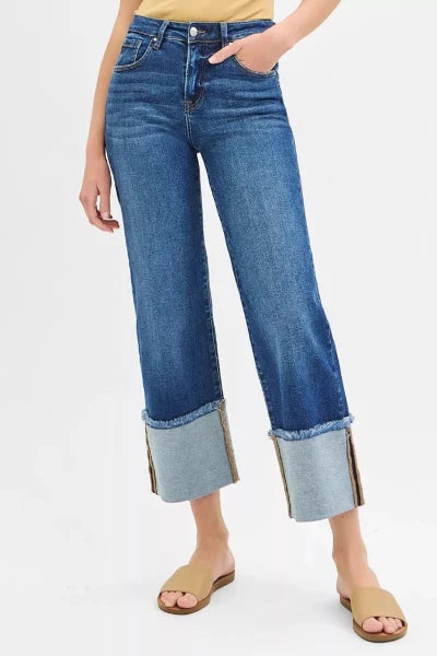 RISEN Full Size Mid Rise Crop Wide Wide Cuffed Jeans Plus Size - DARK by Trendsi from FREYA’S CLOSET