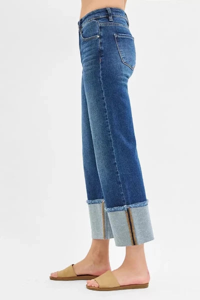 RISEN Full Size Mid Rise Crop Wide Wide Cuffed Jeans Plus Size - DARK by Trendsi from FREYA’S CLOSET