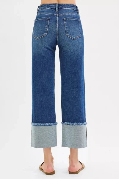 RISEN Full Size Mid Rise Crop Wide Wide Cuffed Jeans Plus Size - DARK by Trendsi from FREYA’S CLOSET