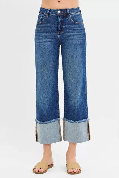 RISEN Full Size Mid Rise Crop Wide Wide Cuffed Jeans Plus Size - DARK by Trendsi from FREYA’S CLOSET