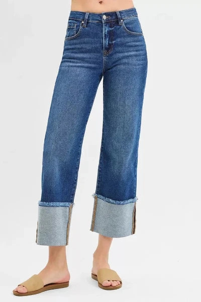 RISEN Full Size Mid Rise Crop Wide Wide Cuffed Jeans Plus Size - DARK by Trendsi from FREYA’S CLOSET