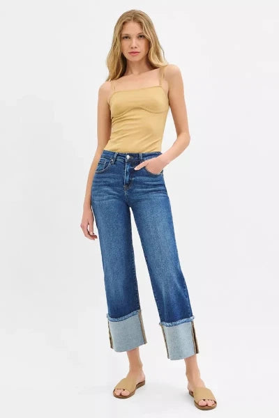 RISEN Full Size Mid Rise Crop Wide Wide Cuffed Jeans Plus Size - DARK by Trendsi from FREYA’S CLOSET
