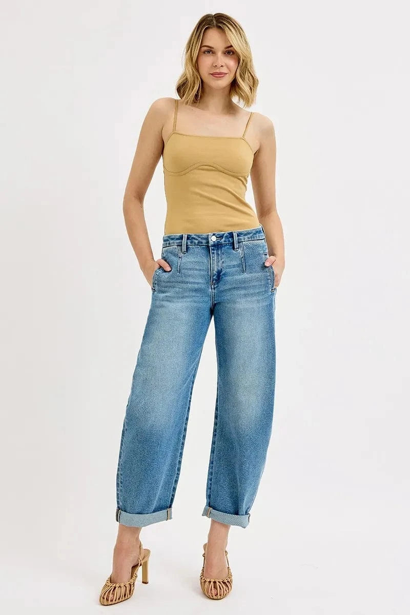 Trendsi Jeans MEDIUM / 0 RISEN Full Size Mid Rise Fit Barrel Roll Up Jeans Plus Size