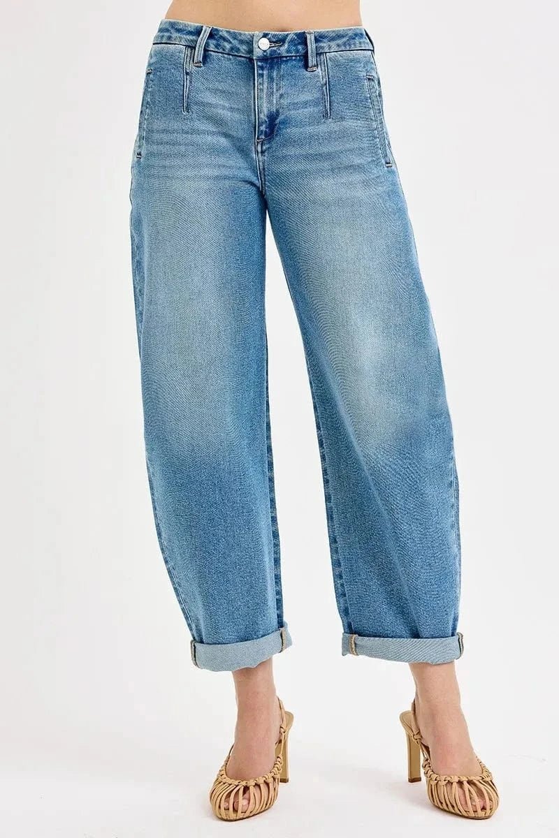 RISEN Full Size Mid Rise Fit Barrel Roll Up Jeans Plus Size - MEDIUM by Trendsi from FREYA’S CLOSET