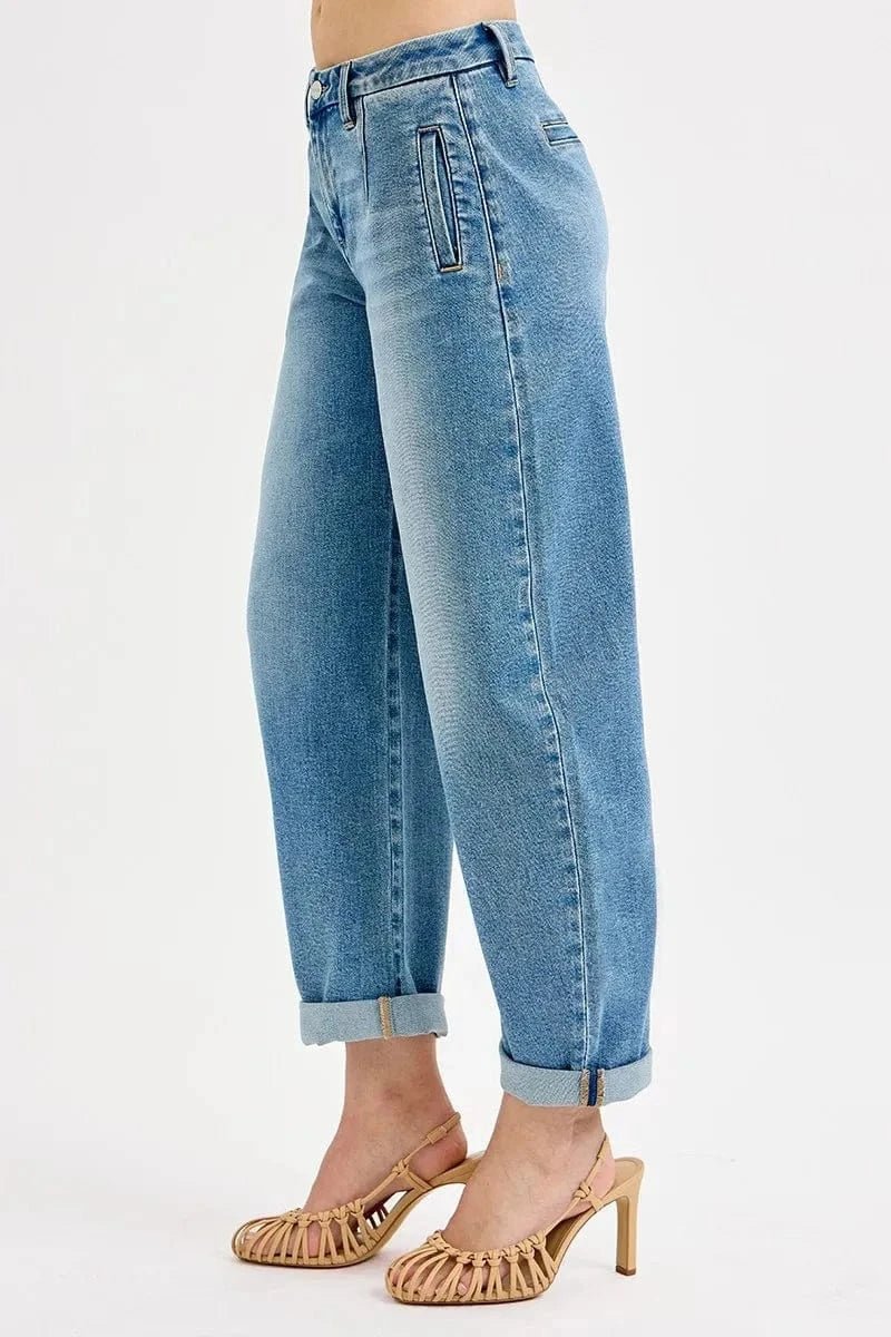 RISEN Full Size Mid Rise Fit Barrel Roll Up Jeans Plus Size - MEDIUM by Trendsi from FREYA’S CLOSET