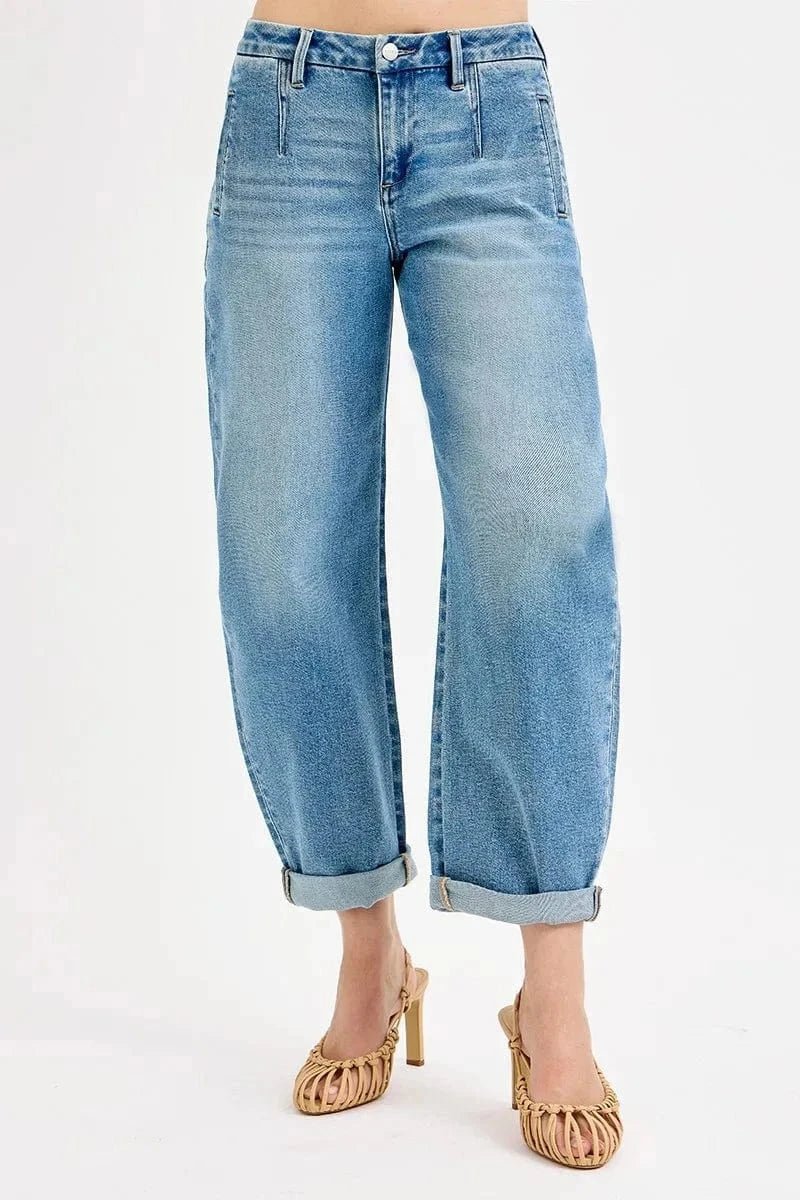 RISEN Full Size Mid Rise Fit Barrel Roll Up Jeans Plus Size - MEDIUM by Trendsi from FREYA’S CLOSET