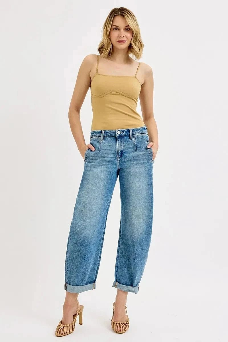 RISEN Full Size Mid Rise Fit Barrel Roll Up Jeans Plus Size - MEDIUM by Trendsi from FREYA’S CLOSET