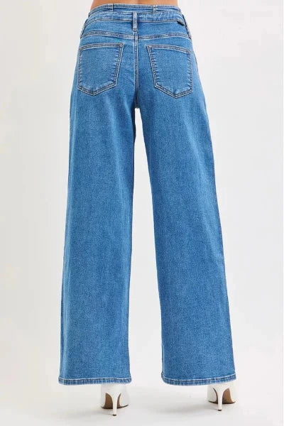 RISEN Full Size Mid Rise Fit Wide Leg with Pleated Detail Jeans Plus Size - MEDIUM by Trendsi from FREYA’S CLOSET