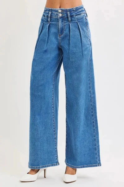 RISEN Full Size Mid Rise Fit Wide Leg with Pleated Detail Jeans Plus Size - MEDIUM by Trendsi from FREYA’S CLOSET
